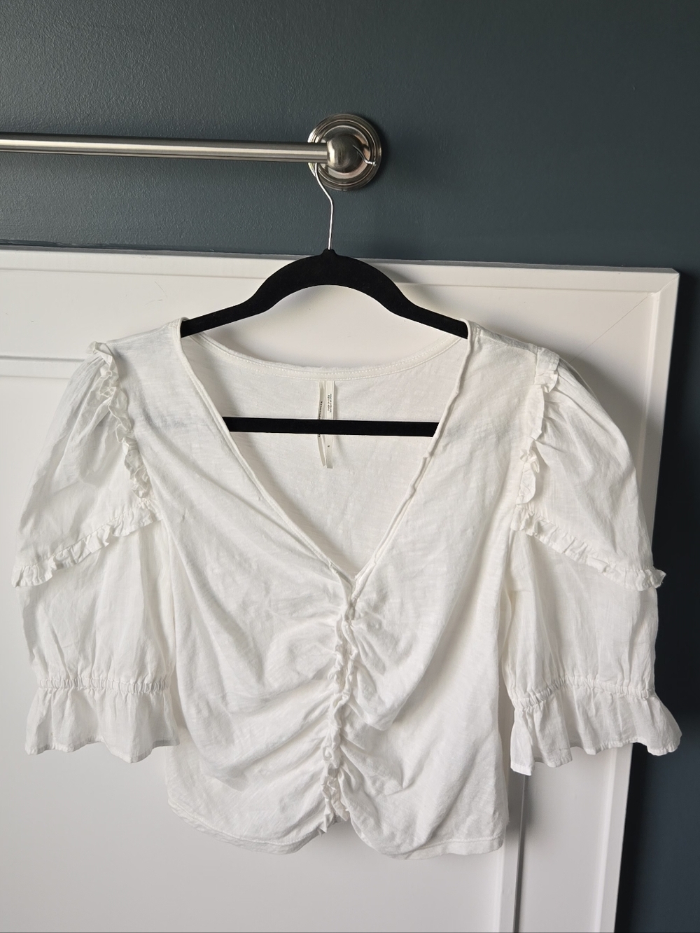 Anthropologie White Ruched V-Neck Puff Sleeve Blouse